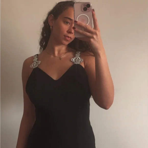 Vintage 90s Lillie Rubin Black Crystal Detailed Strap Feather Slit Evening Gown - Picture 3 of 17